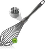 A gray OYV 12-inch silicone whisk with a comfortable handle, ideal for non-stick cookware.