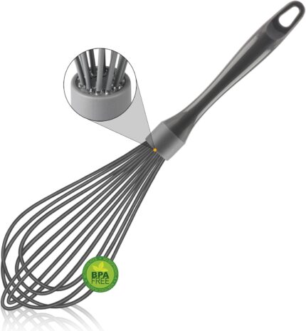 A gray OYV 12-inch silicone whisk with a comfortable handle, ideal for non-stick cookware.