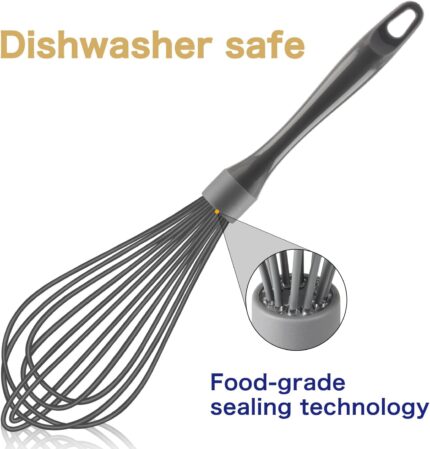 A gray OYV 12-inch silicone whisk with a comfortable handle, ideal for non-stick cookware.