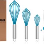 Set of four OYV premium blue silicone whisks with stainless steel handles, designed for nonstick cookware.