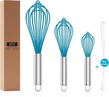 Set of four OYV premium blue silicone whisks with stainless steel handles, designed for nonstick cookware.