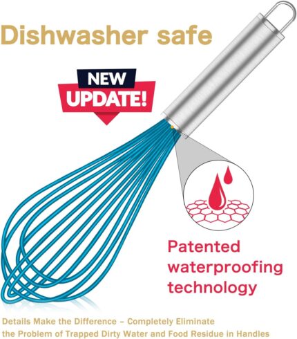 Set of four OYV premium blue silicone whisks with stainless steel handles, designed for nonstick cookware.