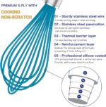 Set of four OYV premium blue silicone whisks with stainless steel handles, designed for nonstick cookware.