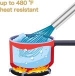 Set of four OYV premium blue silicone whisks with stainless steel handles, designed for nonstick cookware.
