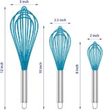 Set of four OYV premium blue silicone whisks with stainless steel handles, designed for nonstick cookware.