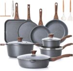 Gray SENSARTE 23-piece nonstick granite cookware set with lids, utensils, and pan protectors, arranged for display.