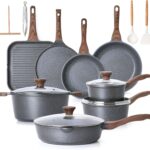 Gray SENSARTE 23-piece nonstick granite cookware set with lids, utensils, and pan protectors, arranged for display.