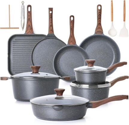 Gray SENSARTE 23-piece nonstick granite cookware set with lids, utensils, and pan protectors, arranged for display.