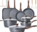 Gray SENSARTE 23-piece nonstick granite cookware set with lids, utensils, and pan protectors, arranged for display.