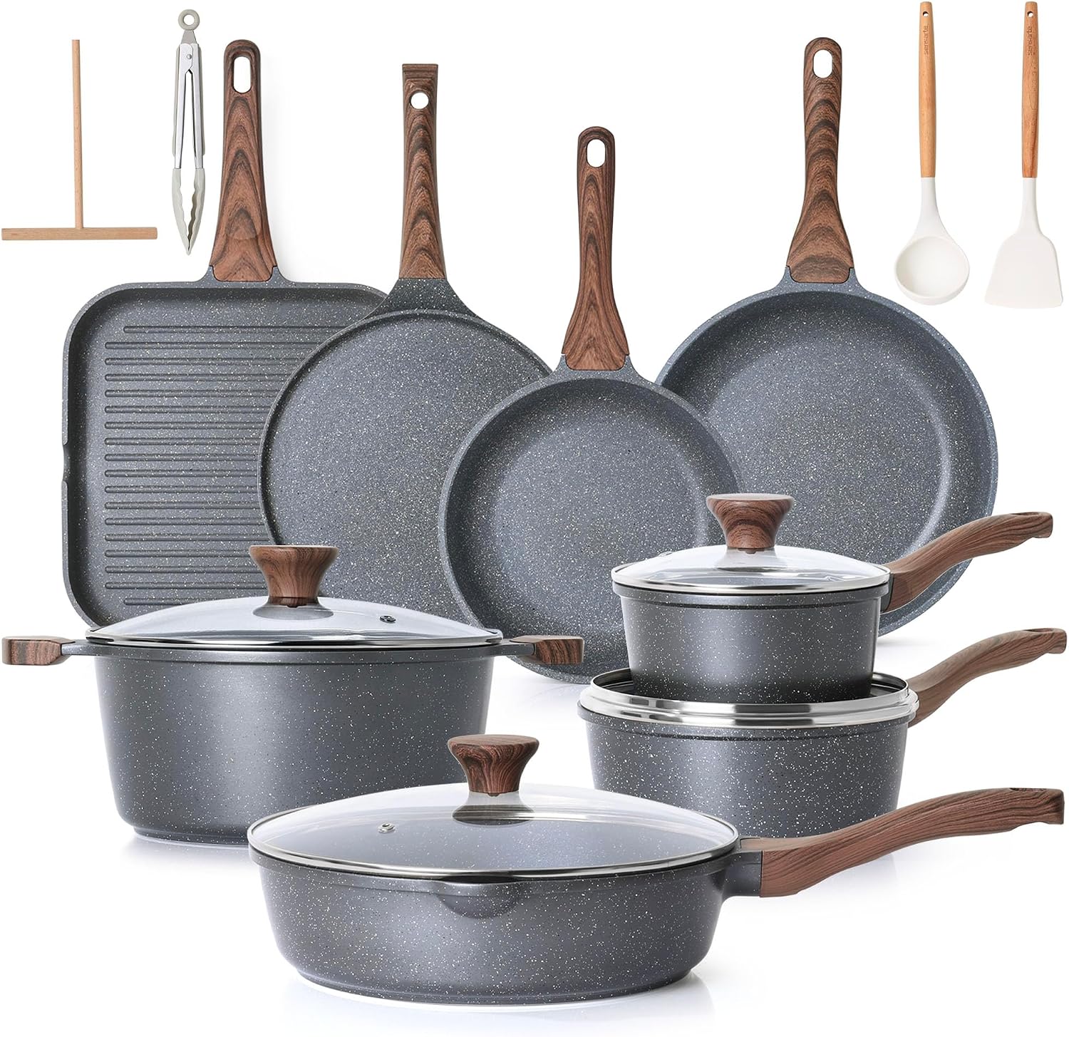 sensarte-23-piece-nonstick-granite-cookware-set-induction-gray-01 Gray SENSARTE 23-piece nonstick granite cookware set with lids, utensils, and pan protectors, arranged for display.