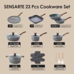 Gray SENSARTE 23-piece nonstick granite cookware set with lids, utensils, and pan protectors, arranged for display.