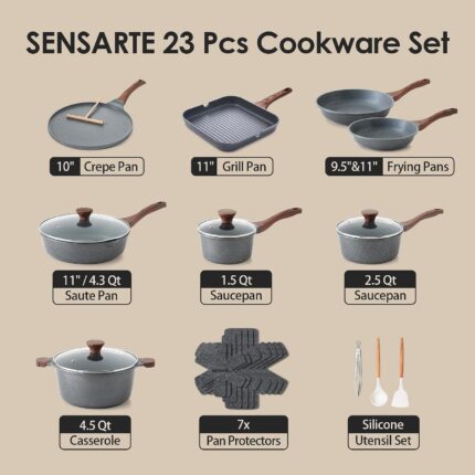 Gray SENSARTE 23-piece nonstick granite cookware set with lids, utensils, and pan protectors, arranged for display.