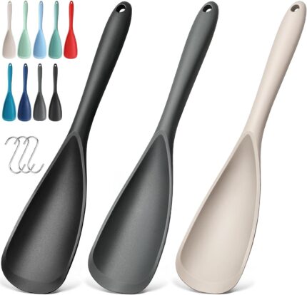 A set of three VITEVER silicone spoonulas in black, gray, and khaki colors, ideal for nonstick cookware.