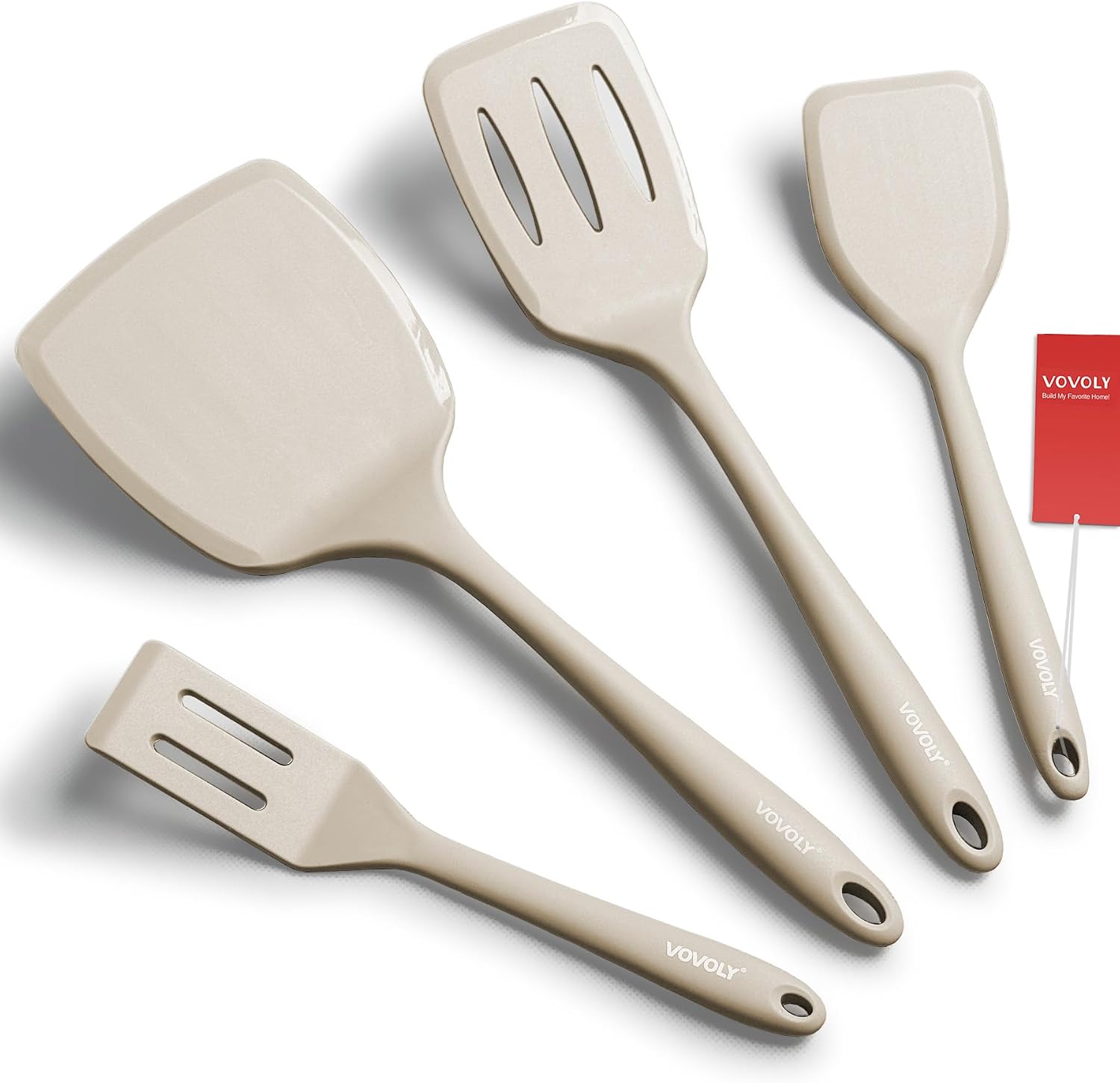 vovoly-khaki-silicone-spatula-set-4-heat-resistant-non-stick-turners-for-cooking-01 A set of four khaki silicone spatulas of varying sizes, including a slotted and a pancake spatula, on a neutral background.