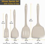 A set of four khaki silicone spatulas of varying sizes, including a slotted and a pancake spatula, on a neutral background.
