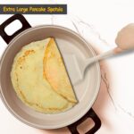 A set of four khaki silicone spatulas of varying sizes, including a slotted and a pancake spatula, on a neutral background.