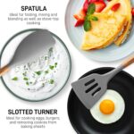 A complete set of five grey silicone cooking utensils with light brown acacia wood handles, arranged neatly.